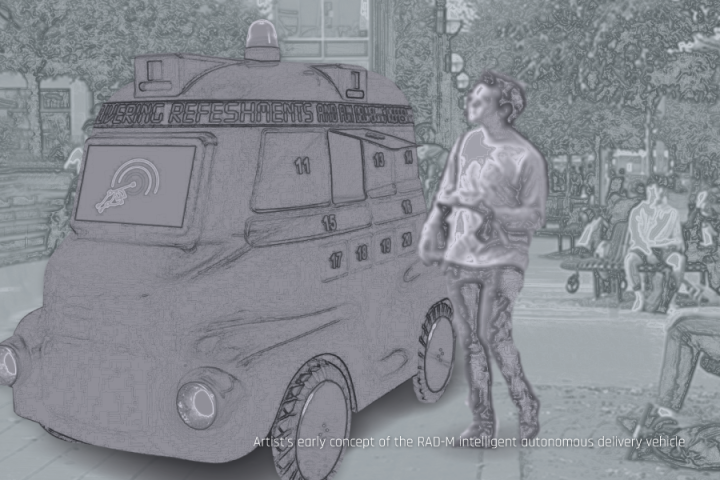 Artist’s early concept of the RAD-M intelligent autonomous delivery vehicle delivering products on a college campus.